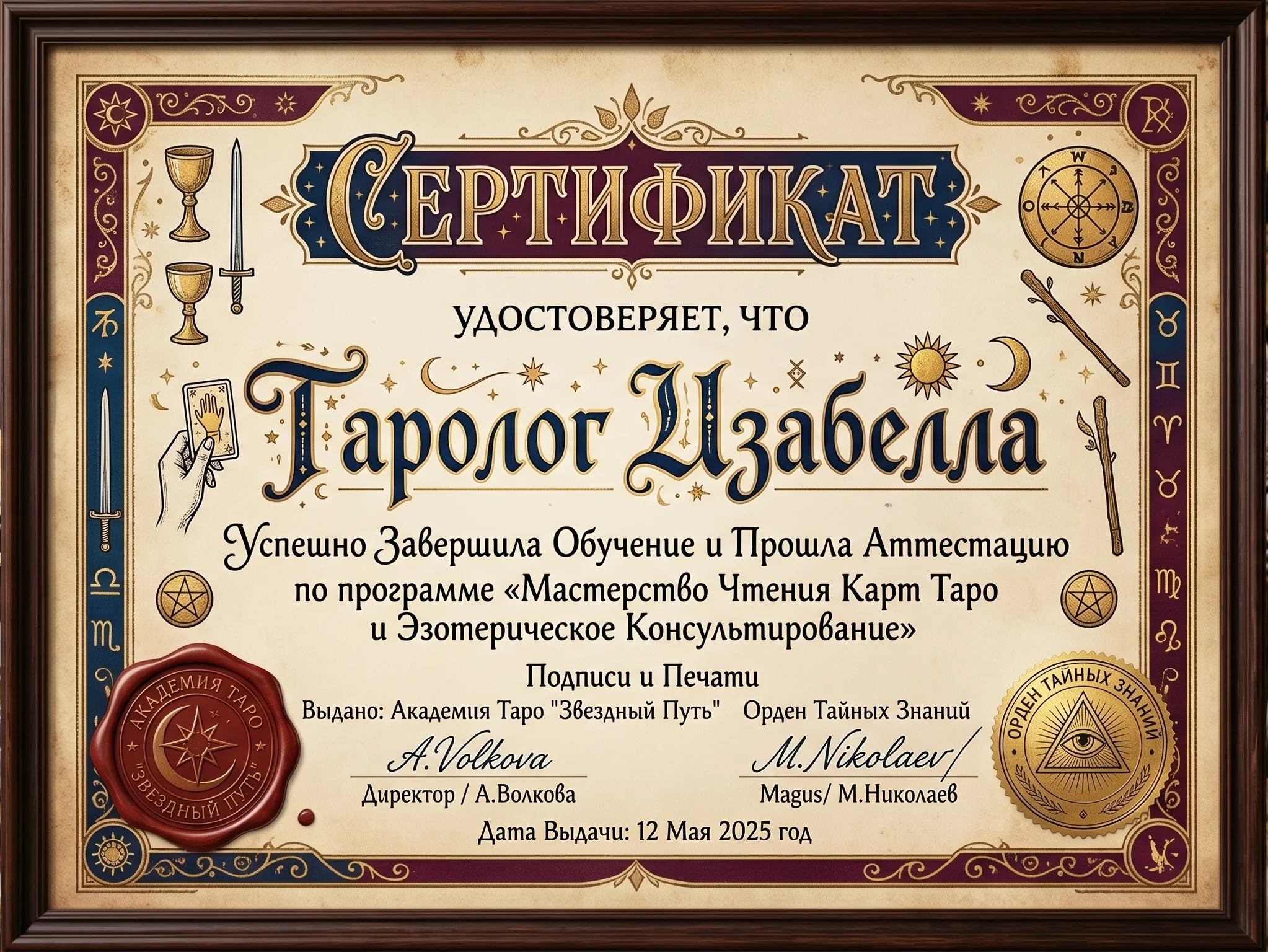 Сертификат Таролога Изабеллы в Екатеринбурге